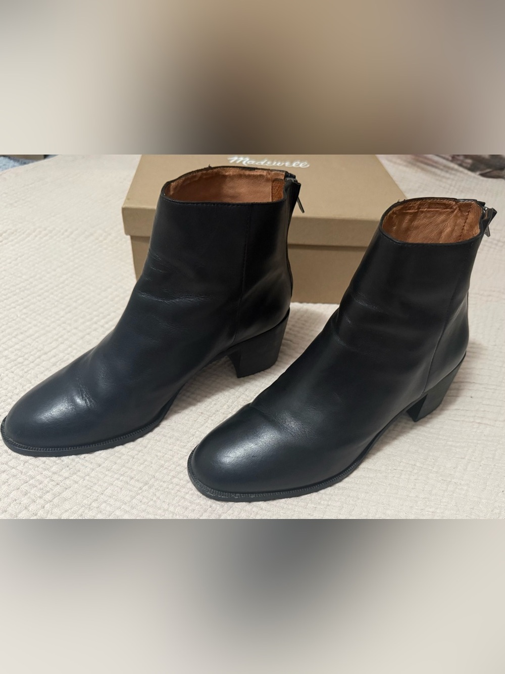 Madewell Black Leather Zip-Back Ankle Boots sz 8.5 stacked heel